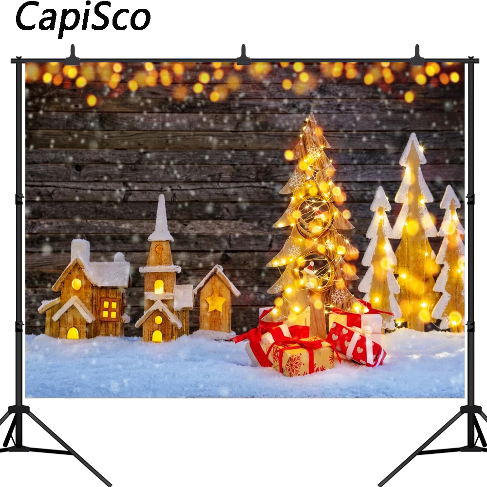 

Capisco photographic background Wooden gift child Bright Christmas tree snow fantasy backdrop photography photocall props