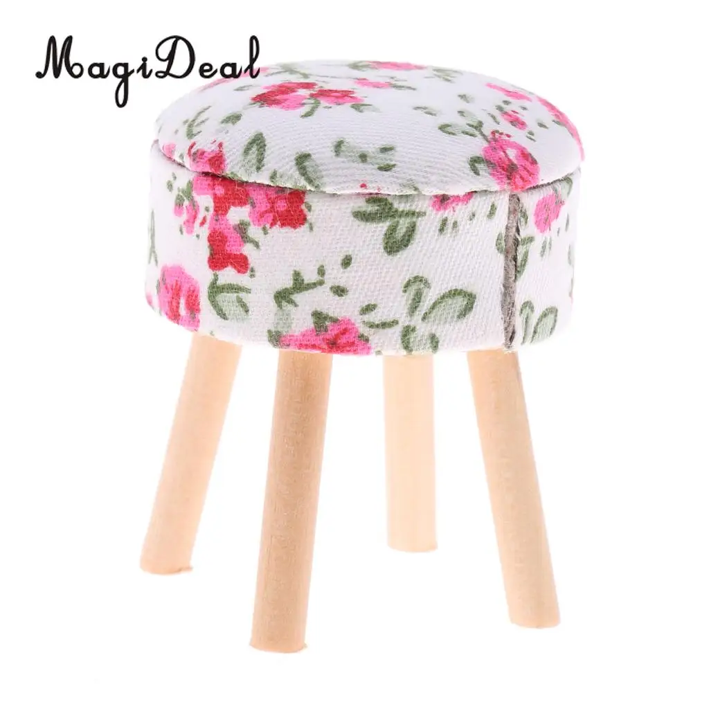 MagiDeal 1/12 Scale Dollhouse Miniature Furniture Round Floral Stool Chair for Dolls House Bedroom Decoration Children Toy