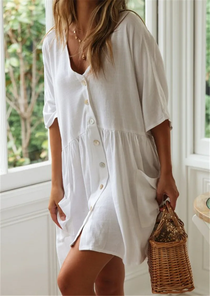 Повседневное свободное летнее пляжное платье белая хлопковая Туника размера плюс женская пляжная одежда сексуальное открытое Мини платье для вечеринки vestidos N429