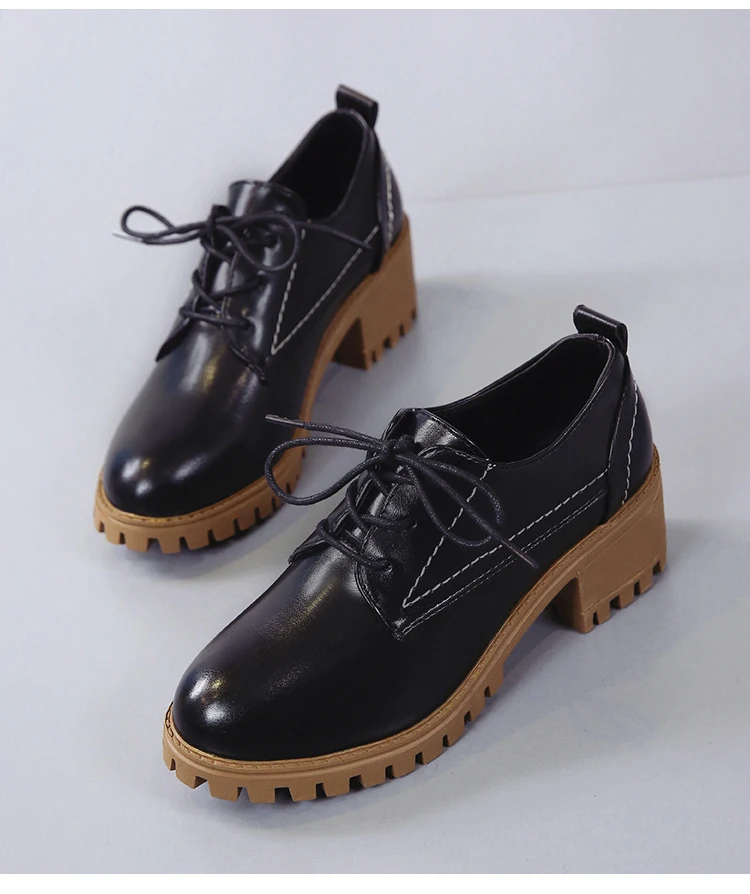 New Fashion Autumn Casual Shoes Woman Oxfords Pu Leather Lace Up Women Shoes Female Plus Size High Heels Platform Ladies Shoes