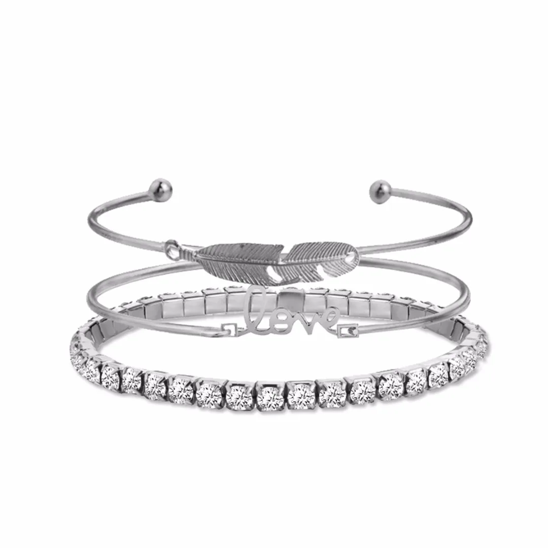 3pcs/Set Women Leaf Feather Love Crystal Rhinestone Open Bangle Bracelets