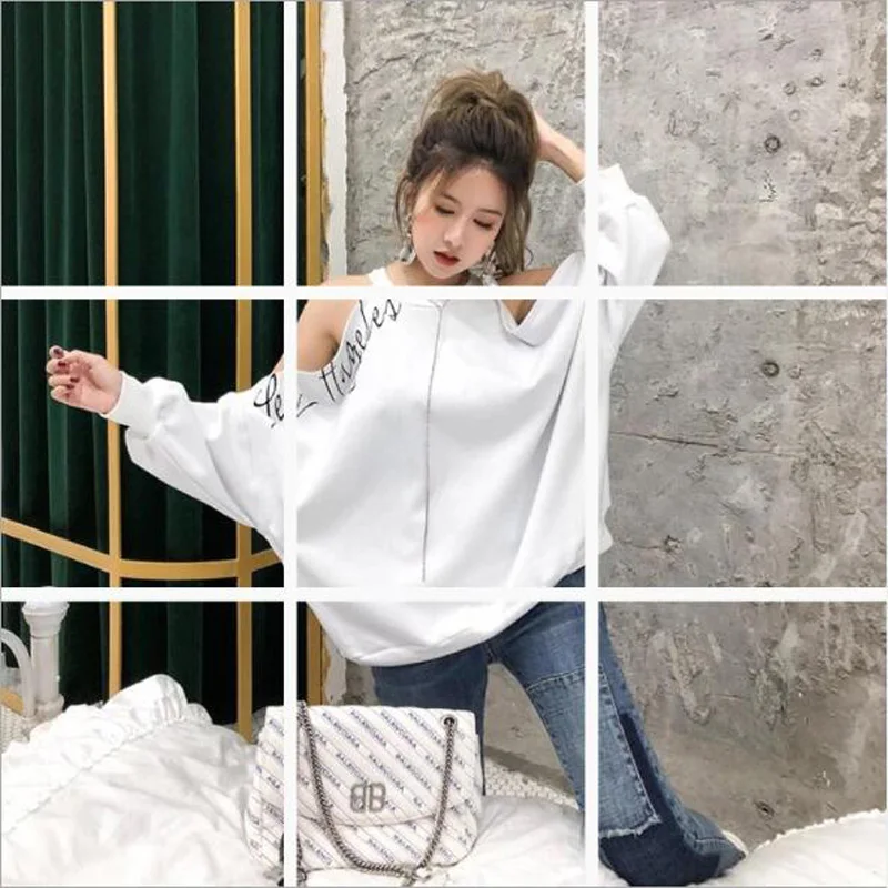  Korean Fashion Style Hoodie Women Letters Print Long Sleeve Off Shoulder O Neck Women's Sweatshirt 