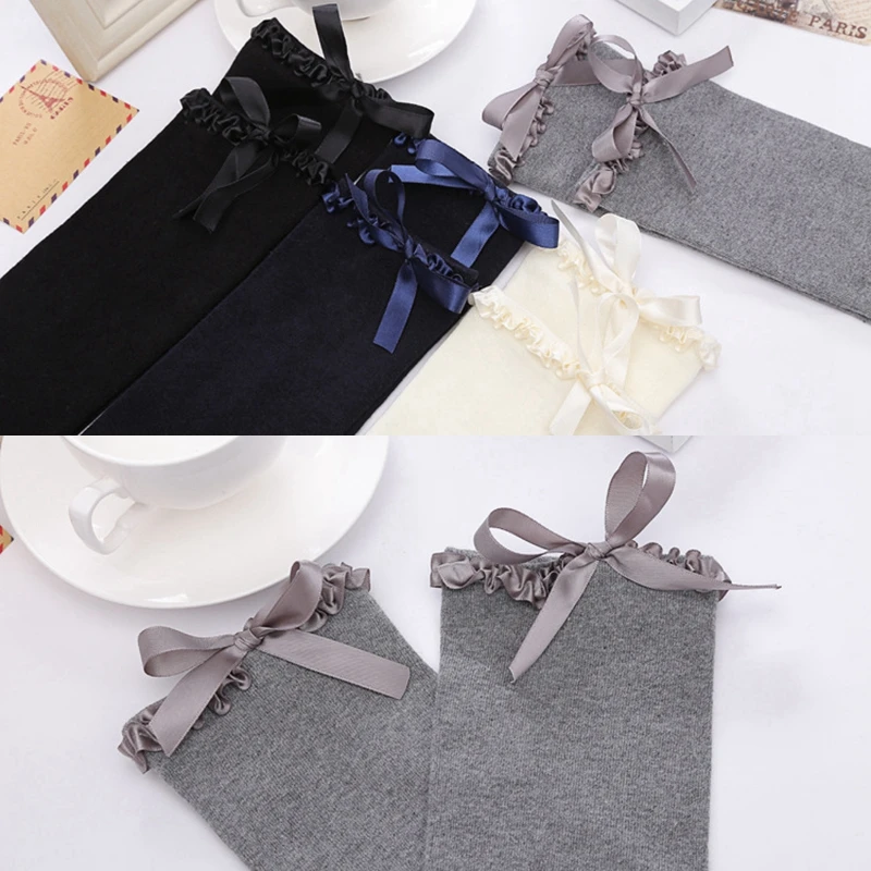 2015 Autumn Winter Warm Stockings Lady Ribbon Bow High Stockings Cute Girls Cotton Stockings Sexy Japanese Knee Socks