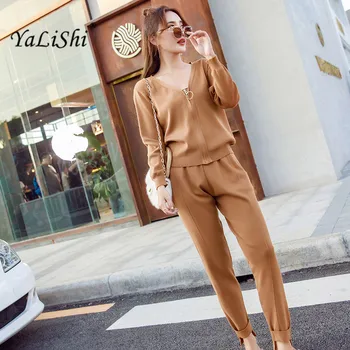 

Knitted Casual Tracksuit Pant Suits 2018 Fashion Elegant 2 Piece Set Women Sweater And Trousers Set Crop Top and Pants Set