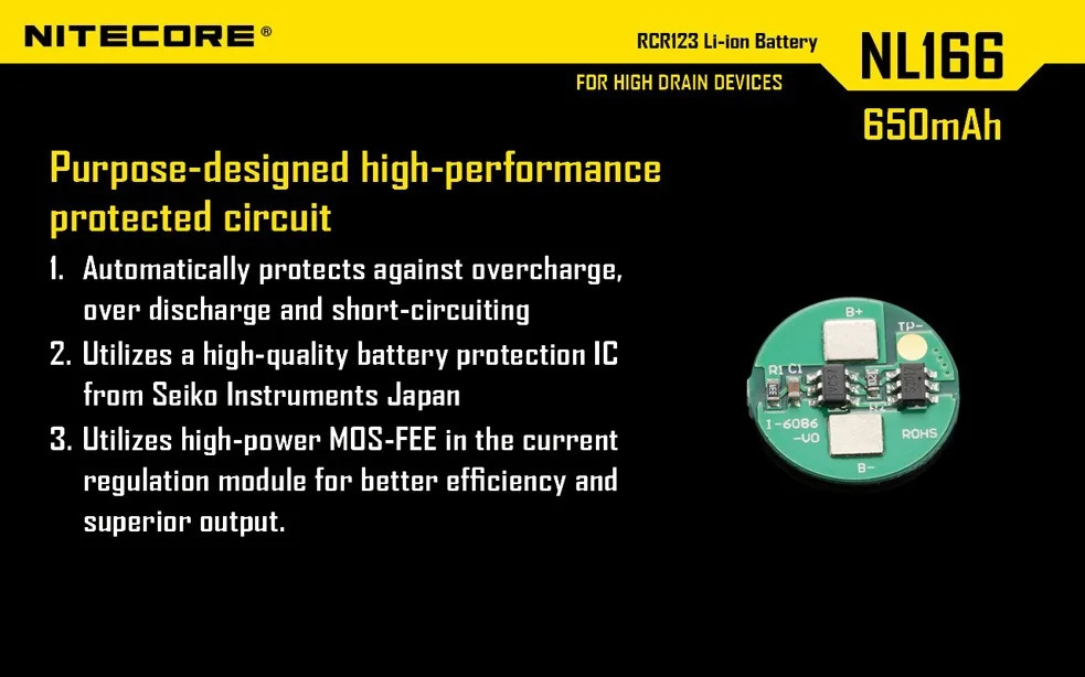 2 шт./лот Nitecore NL166 16340 RCR123A 3,7 V 2.4Wh 650 мА/ч, литий Перезаряжаемые Батарея