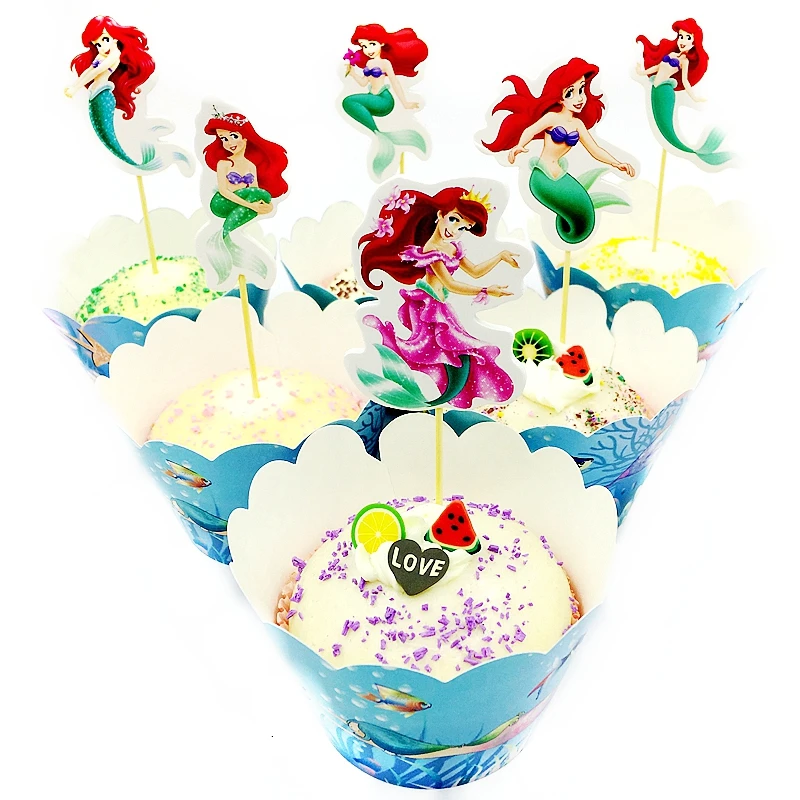 

24pcs/lot Mermaid Princess Girl Cupcake Wrappers Cake Toppers children Favors Baby Shower Birthday Party Wedding Cake Decoration