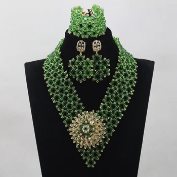 

Fresh Green Crystal Handmade Jewelry Sets Nigerian African Wedding Bridal/Women Beads Necklace Jewelry Set Free Shipping ANJ209