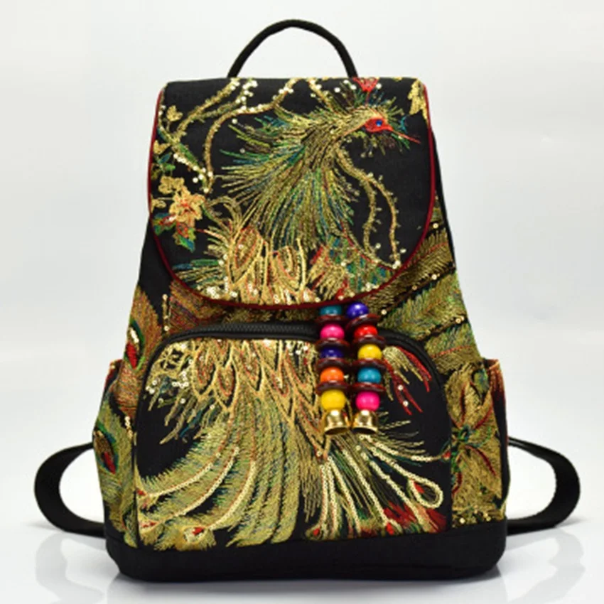 

New ethnic wind canvas embroidered backpack shoulder bag peacock embroidery large capacity drawstring bag vacation leisure