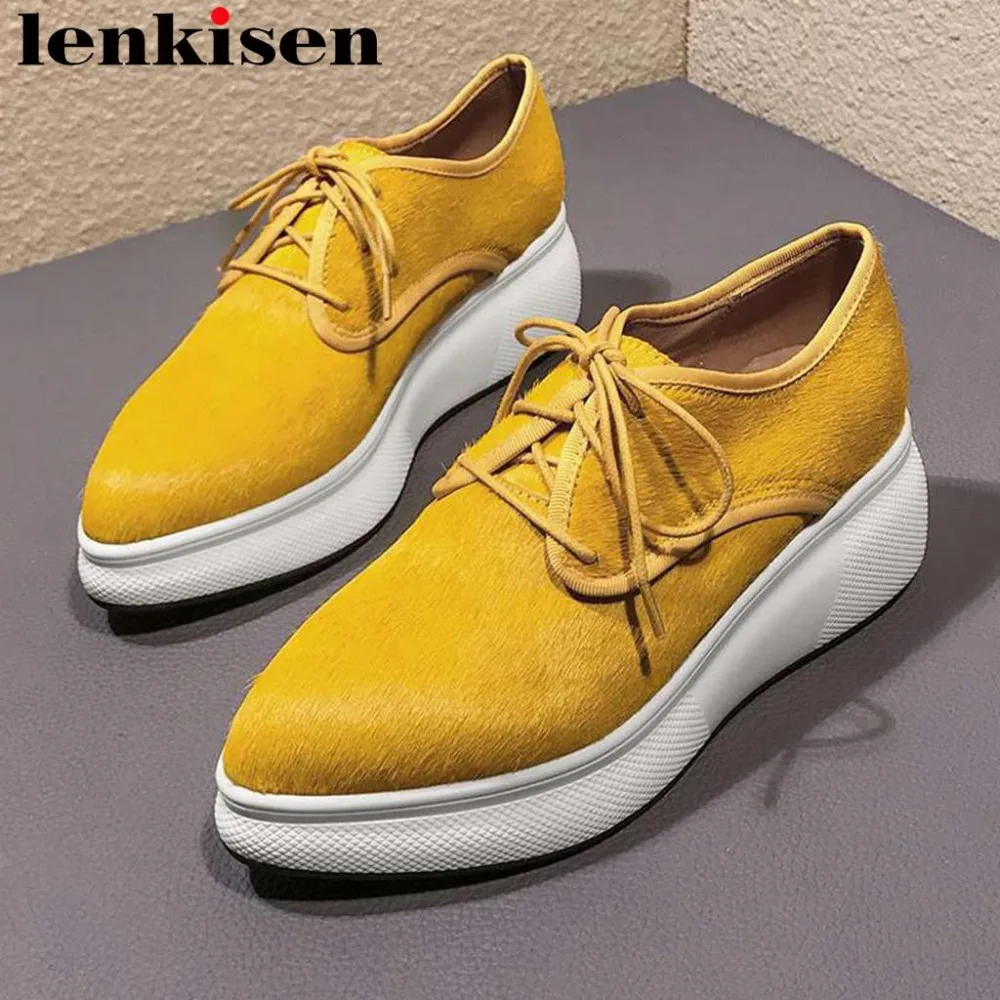 

2019 pretty girls luxury horsehair lace up loafers thick med bottom sneakers casual wear pointed toe woman vulcanized shoes L7f3