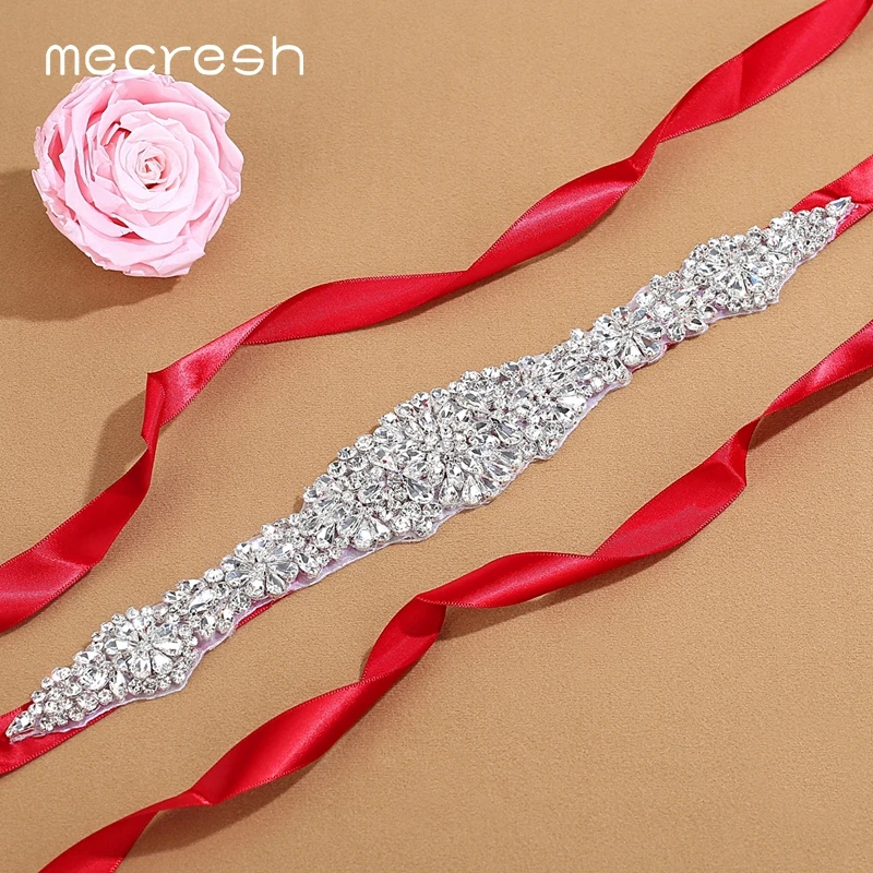 Mecresh Rhinestone Wedding Dress Belt for Bridal Gowns Red / White Satin Crystal Bride Belt Handmade Wedding Accessories YD001