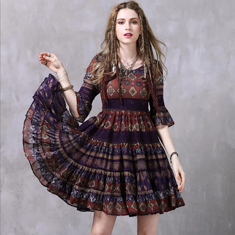 

2018 New Fashion Women's High Waist Vintage Printed All-match Chiffon Mini Dresses Patchwork Half Flare Sleeve Dress A023