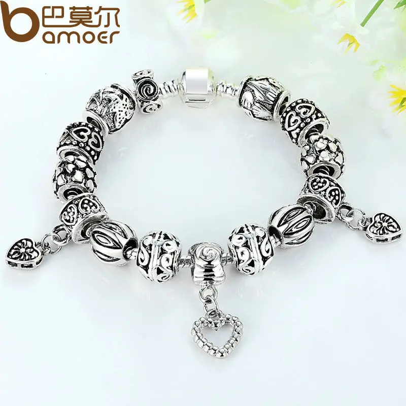 BAMOER Antique Silver Charm Bracelet & Bangle Silver 925 With Heart Pendant for Women Wedding Vintage Jewelry PA1431