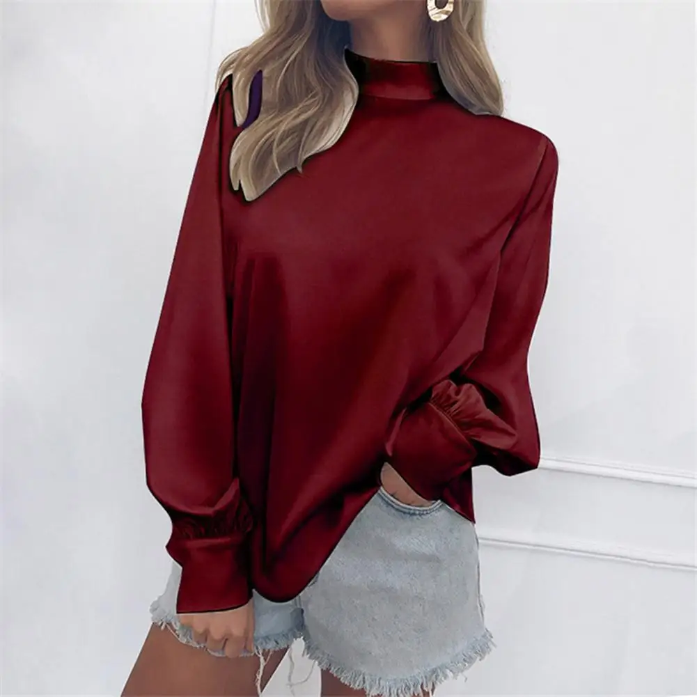 

Solid Color Turtle Neck Lantern Sleeve Women Chiffon Shirt Casual Autumn Blouse