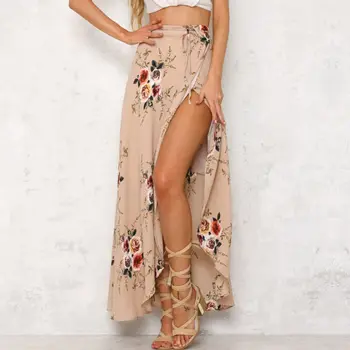 

Women Skirts Chiffon Floral High Waist Flared Pleated Long Skirt Summer Beach Casual Women Clothes