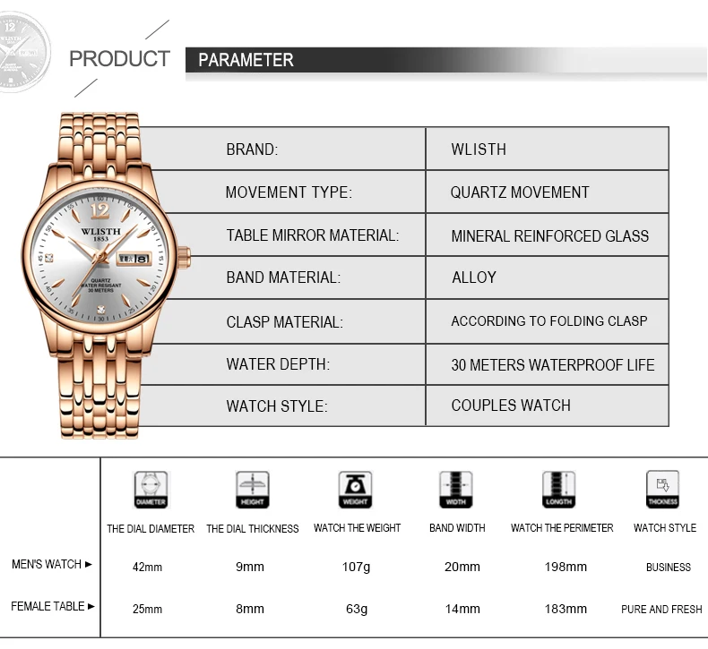 Женские кварцевые часы, розовое золото, нержавеющая сталь, WLISTH, брендовые модные наручные часы, женские часы с датой недели, кварцевые часы класса люкс, relogio feminino