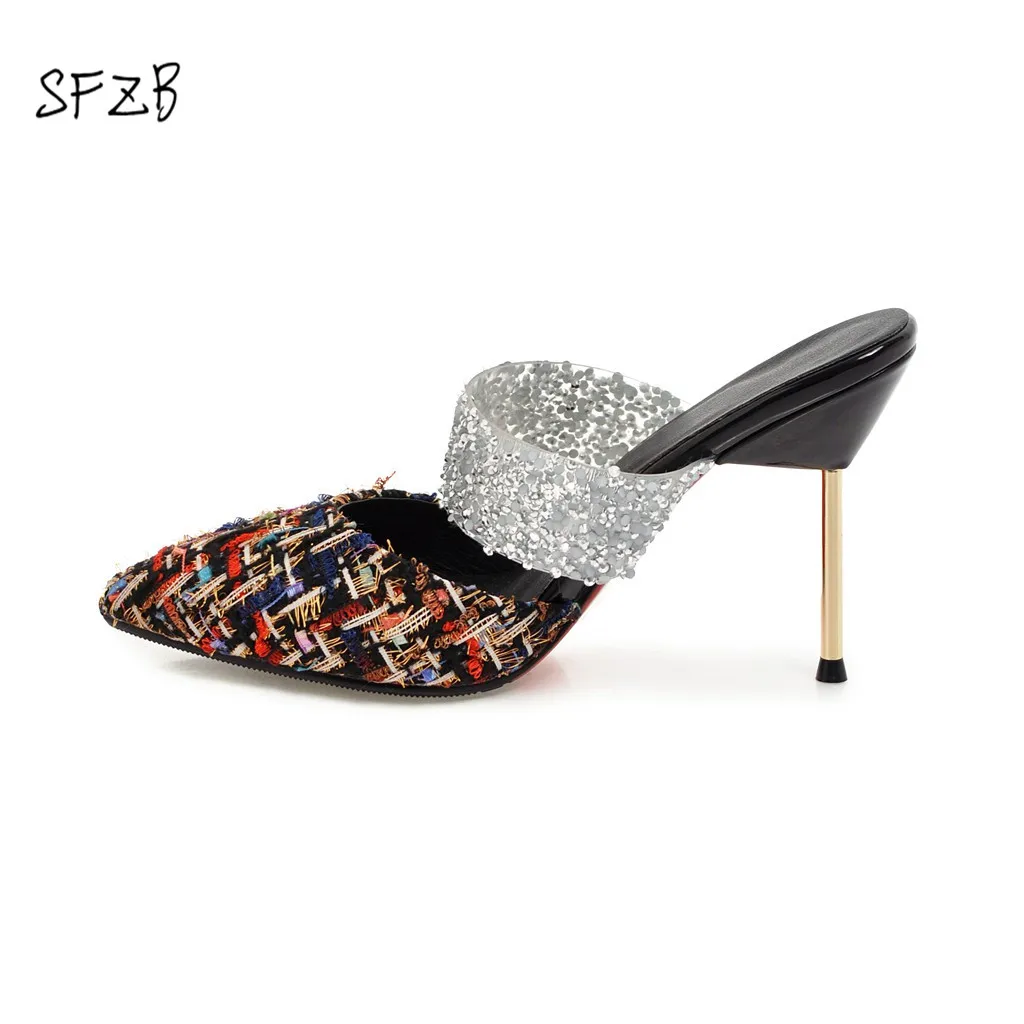 

SFZB Women Sandals All Match Pu Leather Bling Fashion Pointed Toe Thin High Heel Slip on Ladies Shoes Size 34-43