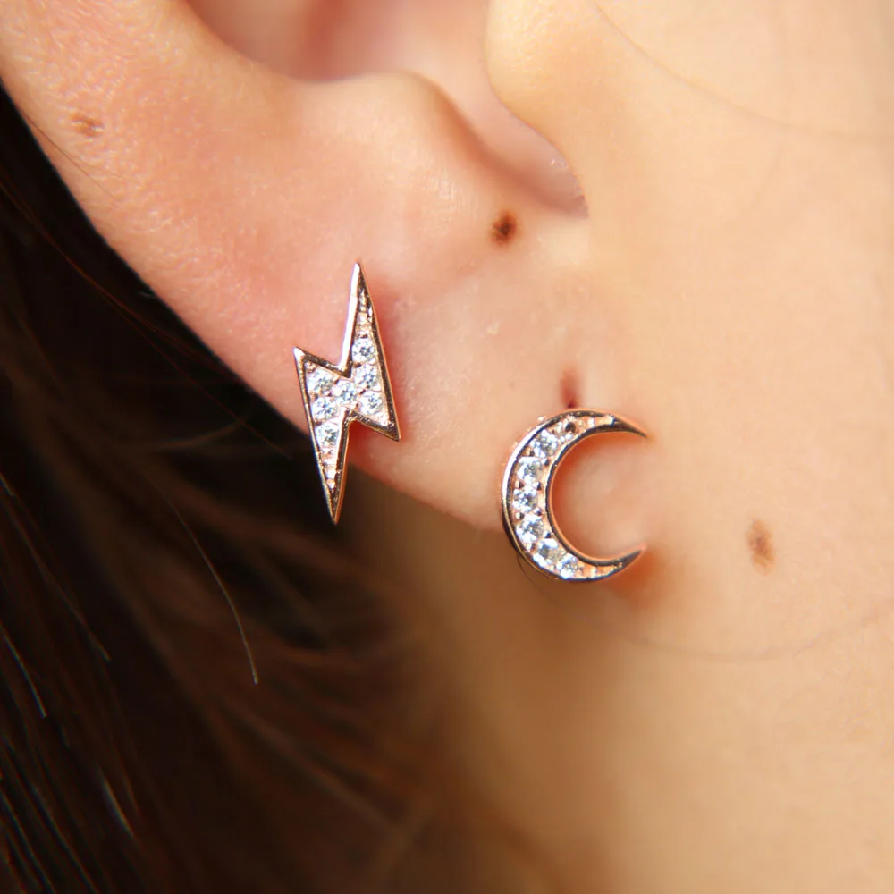 2018 Promotion Earrings Silver 925 Christmas Gift Dainty Studs Pave Cz Flash Delicate Girl Women Double Uneven Cute Earring (7)
