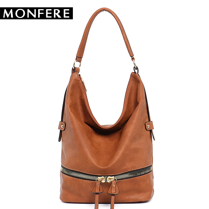 

MONFERE large casual HOBO fashion faux leather zipper shoulder bags female leisure luxury handbags women bags designer neutral