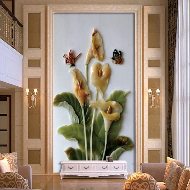 

beibehang Seamless 3D stereo large mural wall entrance hallway TV vertical version nonwoven wallpaper Peony jade carving murals