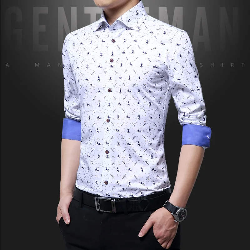 white Для мужчин Повседневная рубашка M-5XL Демисезонный Slim Fit Человек печати Рубашка с длинными рукавами мужской Бизнес Мужская классическая рубашка camisa социальной masculina - Цвет: white