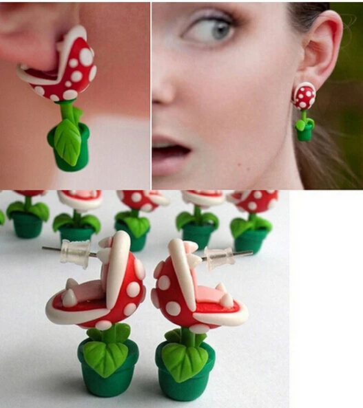 

2015 Fashion Mario Piranha Plant Earring handmade DIYCartoon polymer clay earring brincos feminino 3D Stud Earrings for Women
