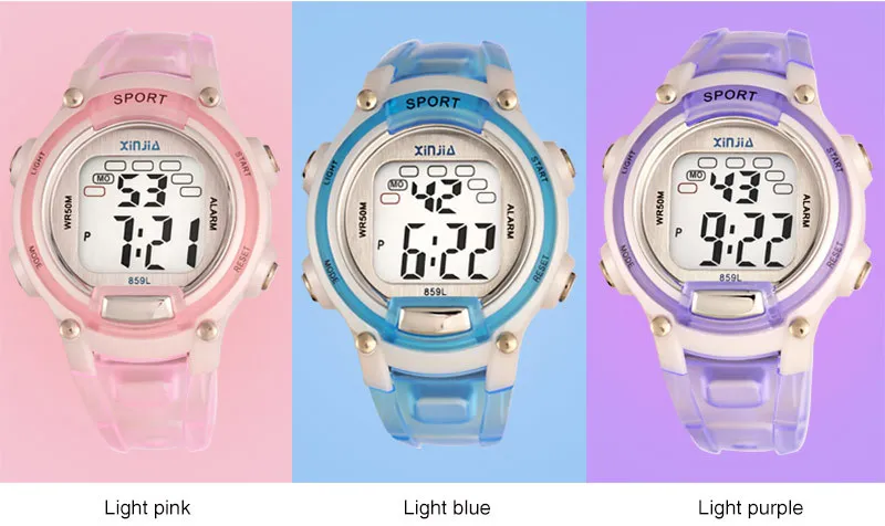 XINJIA цифровые спортивные часы для мальчиков и девочек, 7 цветов, секундомер с подсветкой, 50 м, водонепроницаемый детский Желейный яркий цветной яркий ремешок