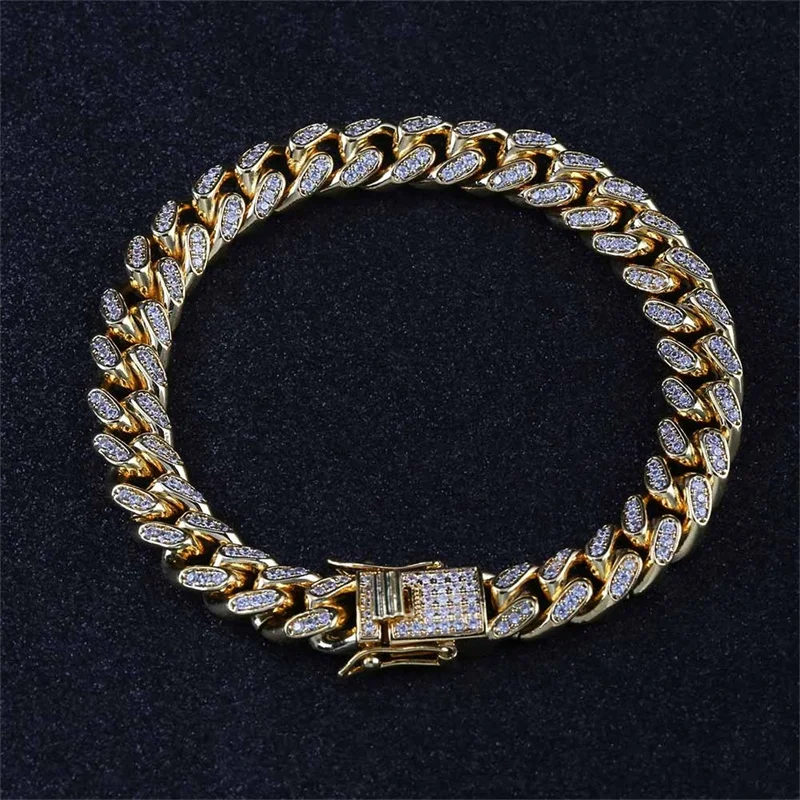 

Hip Hop Miami Cuban Link Chain Silver Gold Bracelet Men CZ Clasp Iced Out Crystal Rhinestone Bling Hip-Hop for Men's Jewelry