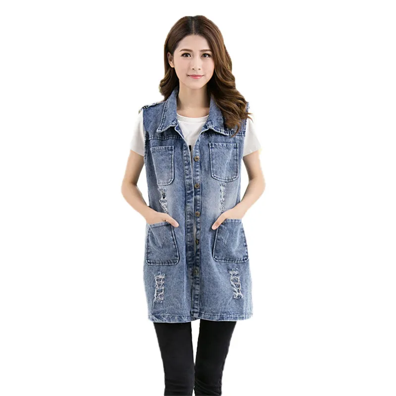 

Women Plus Size Vest Spring Slim Single breasted Denim Sleeveless Jackets Autumn Medium long Ladies Denim Waistcoat 5XL JIA242