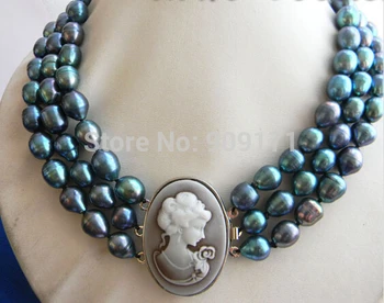 

Free Shipping>>>>3Strands 18'' 10MMX13MM Black Rice Freshwater Pearl Necklace