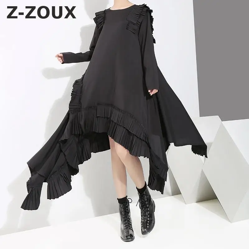 

Z-ZOUX Women Dresses Long Sleeved Cotton Black Dress Asymmetry Hem Irregular Ladies Dress Pleated Loose Thin Lace Dresses Autumn
