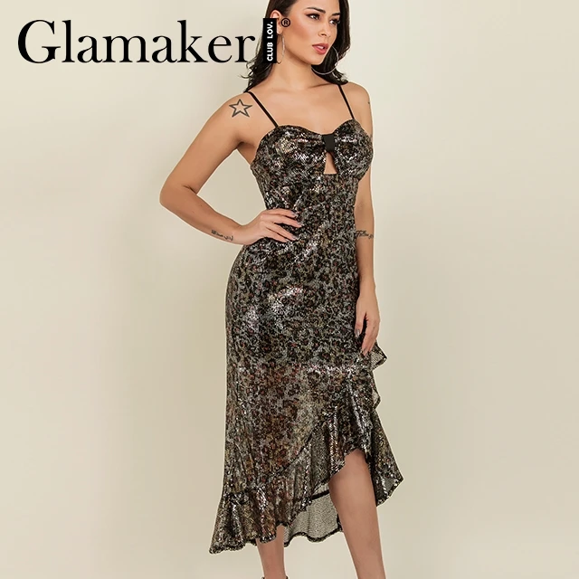 

Glamaker Sequins leopard print sexy bodycon dress Women summer tranparent irregular ruffles maxi Dress female elegant club dress