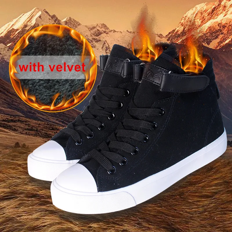 

Black High Top Shoes Women Sneakers Fall Winter 2019 Casual Canvas Shoes with fur Flat Heel Warm Cotton Shoes Ladies