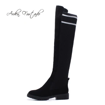 

Arden Furtado 2018 autumn winter square heels boots round toe woman shoes ladies over the knee striped fashion knitting boots
