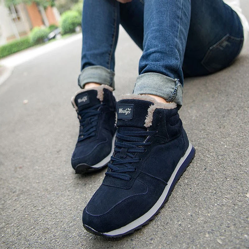 LAKESHI Men Casual Shoes Black Men Sneakers 2018 Winter Men Shoes Warm Fur Snow Shoes Flock Lace Up Male Footwear Walking Shoes