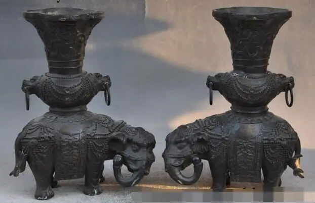 

S01297 11"chinese palace bronze elephant beast statue Zun Cup Bottle Pot Vase Jar pair B0403