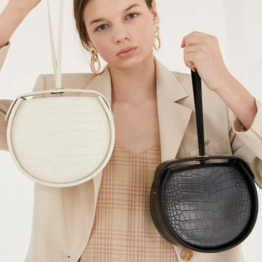 

Vintage Semicircle Alligator Handbags Women Purse Small Round Crocodile Pattern Saddle Bags Women Pu Leather Hand Bag Ladies