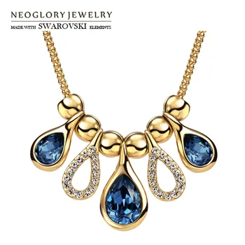 

Neoglory Crystal & Rhinestone Long Necklace Blue Water Drop Design Gold Color Trendy Embellished With Crystals From Swarovski