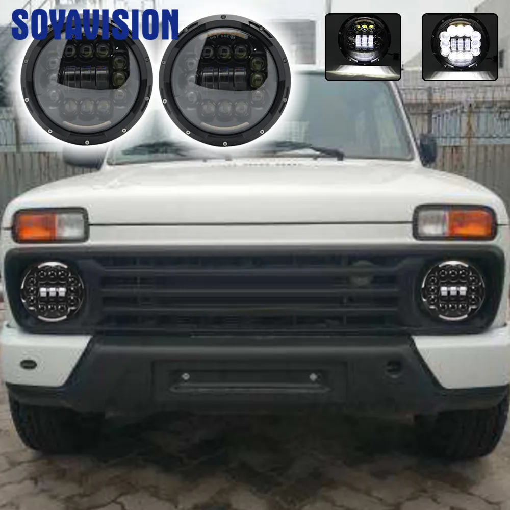 

For Lada Niva 4x4 Suzuki Jeep Headlight 7 Inch LED H4 White DRL 7" Head Lights Lamps with Amber Turn Signal Moto Light 2PCS