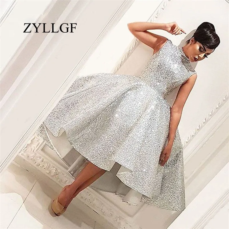 ZYLLGF пышные серебряные расшитые блестками арабские вечерние платья vestido de festa вечерние платья с высоким вырезом на Среднем Востоке RS129
