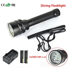 6000lm 3 3xcree XM-L U2 LED Дайвинг Фонарик водонепроницаемый СВЕТОДИОДНЫЙ фонарик свет Подводный Свет + 2×18650 4000 МАЧ аккумулятор + Зарядное Устройство
