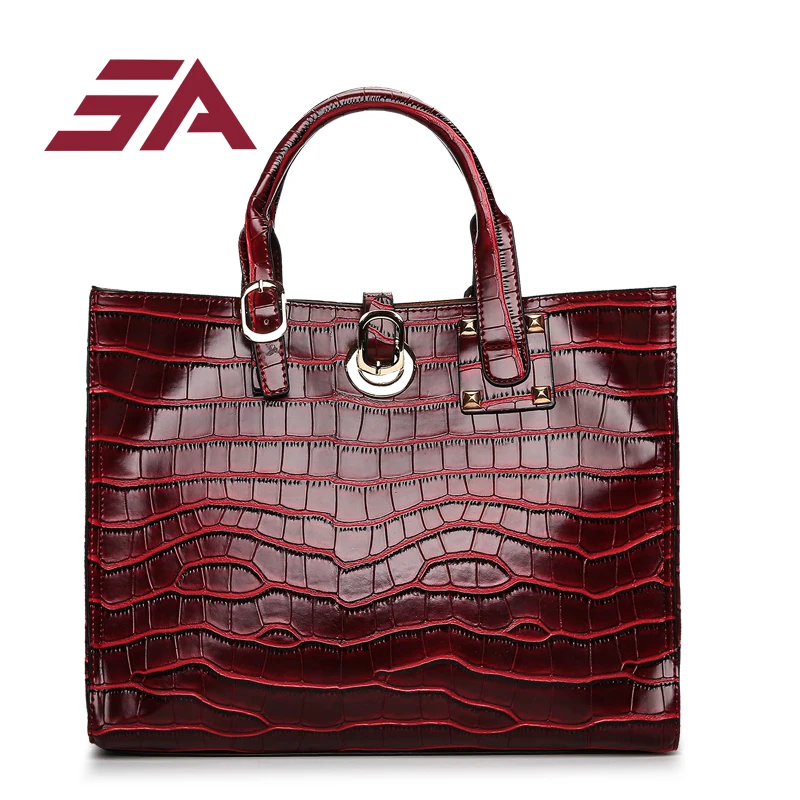

SA Crocodile Pattern Red Leather Bags 2017 Luxury Handbags Women Bags Big Capacity Women Crossbody Bag