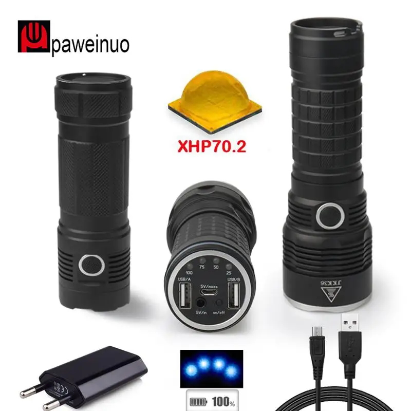 

50000 lumens XLAMP XHP70.2 most powerful flashlight USB 18650 rechargeable xhp70.2 spotlight hunting LED torch mobile power bank