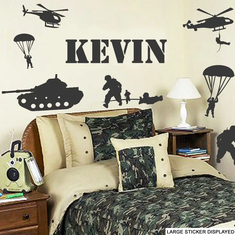 soldier army stickers tanks helicopter jet personalised name decal wall art door 