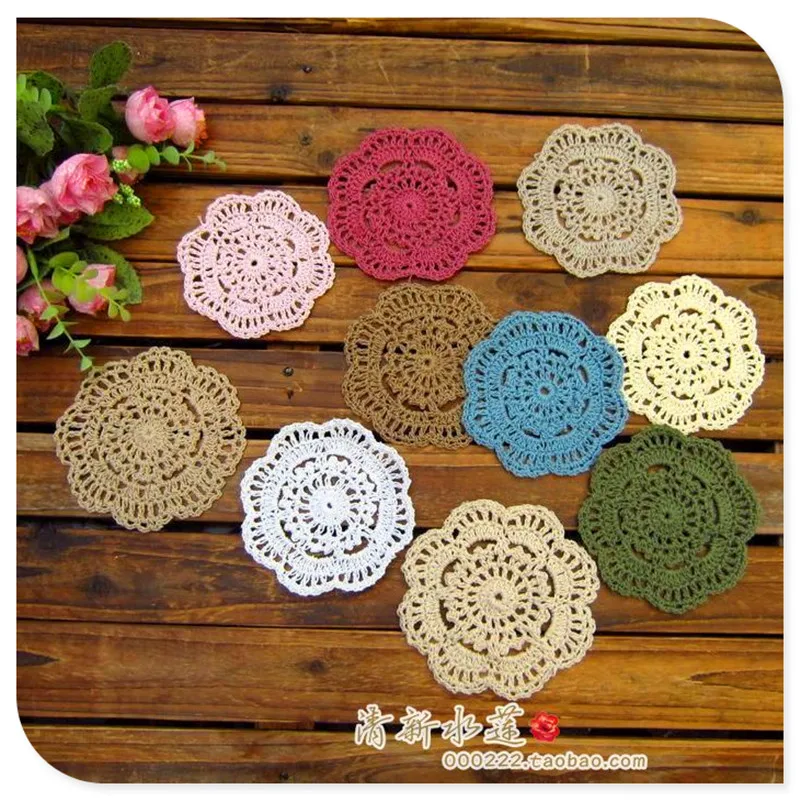 

2016 new fashion 50 pic/lot 10 cm colorful crocht hook fabric felt lace flowers doily for dinning table wedding decoration