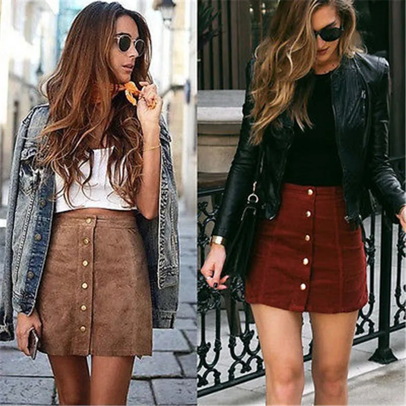 

Fashion Suede Leather Women Skirt High Waist Lace Up Button Pocket Preppy Women Girl Solid Bodycon Pencil Mini Skirt