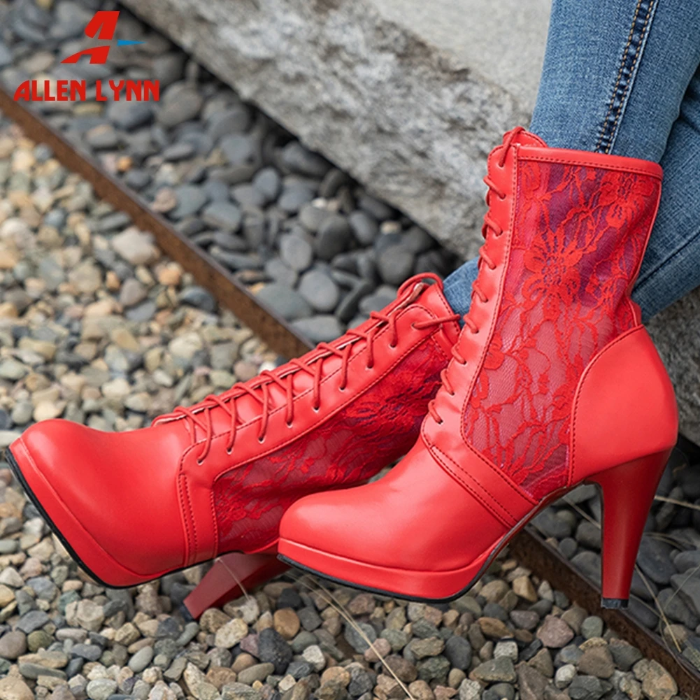 

ALLENLYNN Summer Boots Woman Fashion Elegant Party Ladies Lace Up Round Toe Platform High Heels Summer Boots Plus Size 31-46