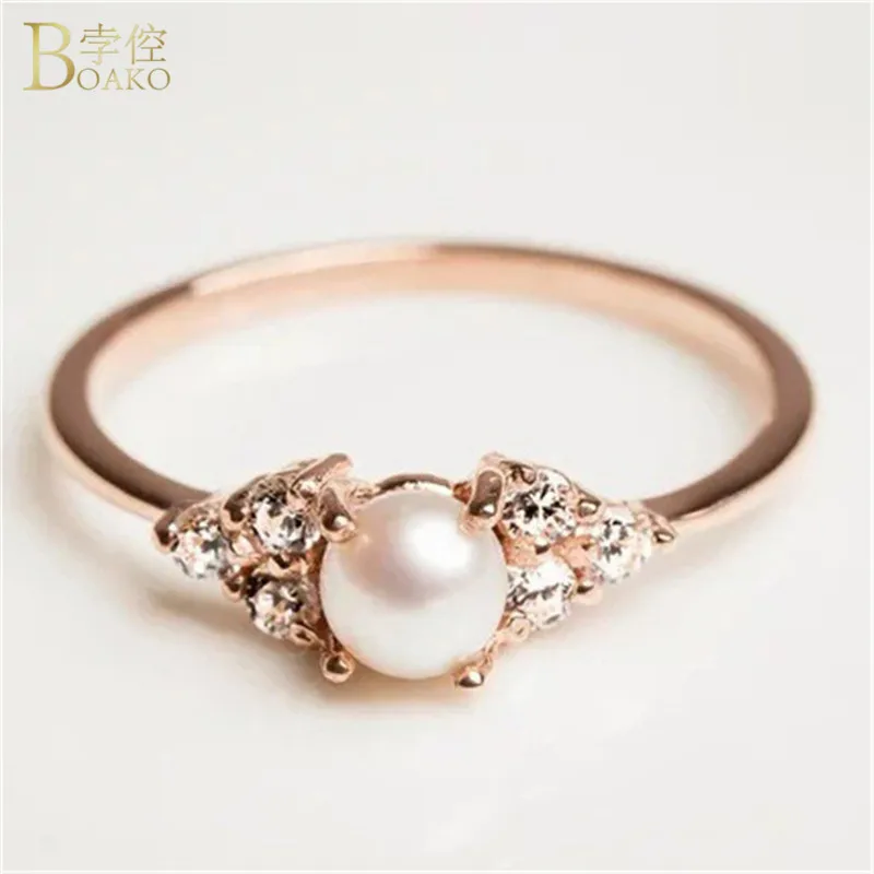 

BOAKO Imitation Pearl Ring for Women Simple Thin Rose Gold Wedding Rings Costume Jewelry Inlay Cubic Zirconia Ring anillos mujer