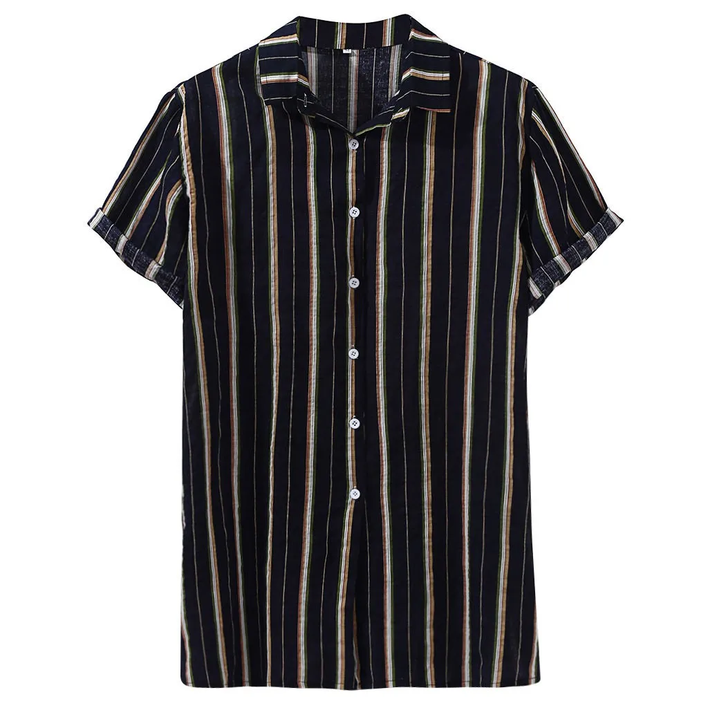 Мужские летние свободные пуговицы в этническом винтажном стиле с принтом в полоску, Повседневная рубашка - Цвет: Черный