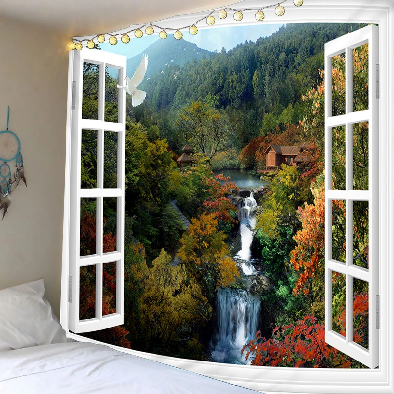 

3D forest Wall Hanging Tapestry Scenery outside the window Mattress Bohemian 6 Sizes Rug Blanket Camping TentFree Shipping