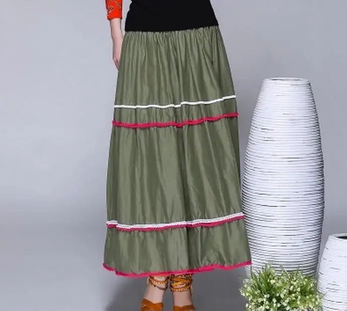 Hot Горячая летняя Женская Новая мода однотонный сшитый плиссированная юбка двойная лента кружевные хлопковые юбки - Цвет: Армейский зеленый